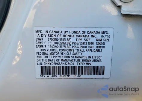 2010 Acura Mdx Technology z USA, uszkodzony, nr VIN 2HNYD2H66AH528404